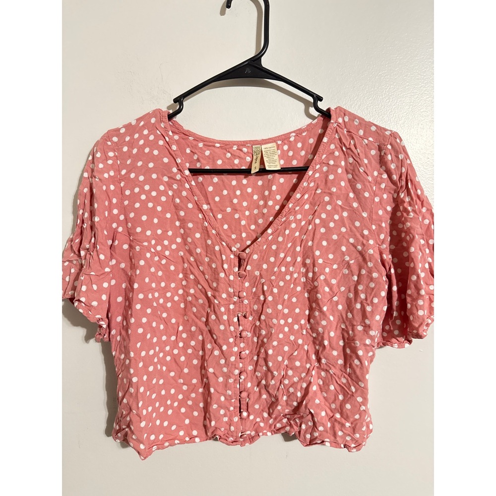 Japna Pink Polka Dot Button Front V-Neck Short Sleeve Viscose Blouse Small